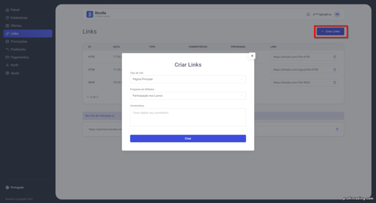 criando um novo link de afiliado Binolla