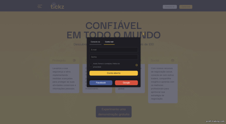 formulário de registro para uma nova conta de negociação na corretora Tickz