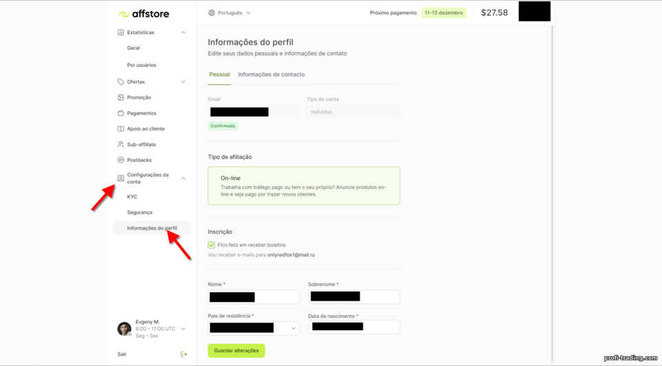 Preenchimento de dados pessoais no programa de afiliados Affstore