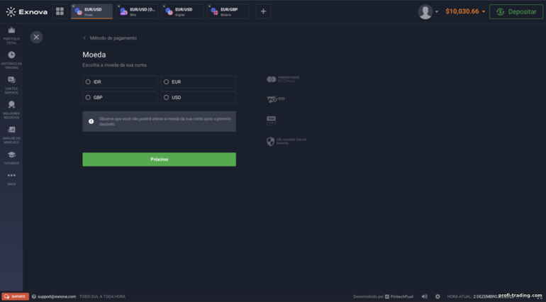 Selecionando a moeda de uma conta de negociação com a corretora Exnova