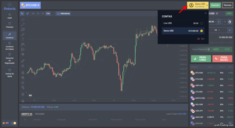 alternando entre uma conta demo e uma conta real com o corretor Finteria