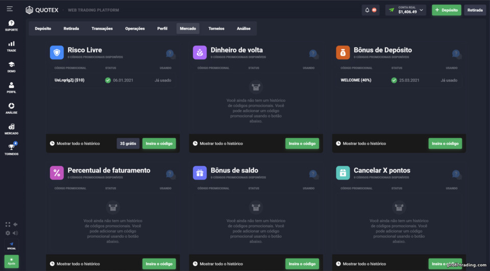 Comercialize ou compre códigos de bônus do corretor Quotex