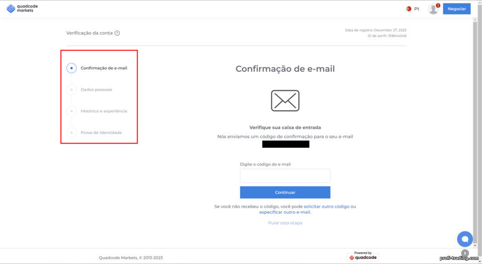 verificação de uma conta de negociação com a corretora Quadcode Markets