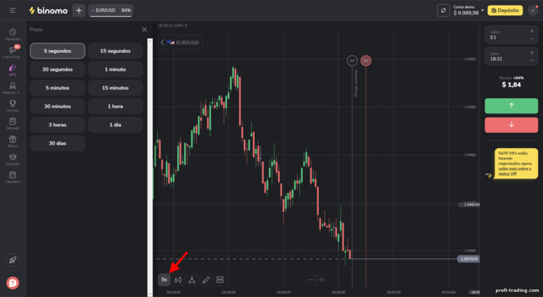 alterando o intervalo de tempo do gráfico na plataforma Binomo