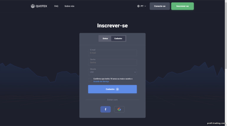 Registrando uma conta de negociação na corretora Quotex