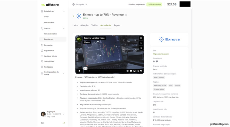 Oferta Exnova (Revenue Share) no programa de afiliados Affstore