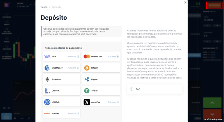 reabastecendo uma conta de negociação com a corretora Bubinga - escolhendo um método de reabastecimento