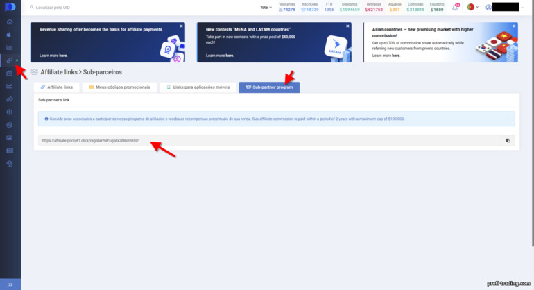 Programa de sub-afiliados no programa de afiliados Pocket Option