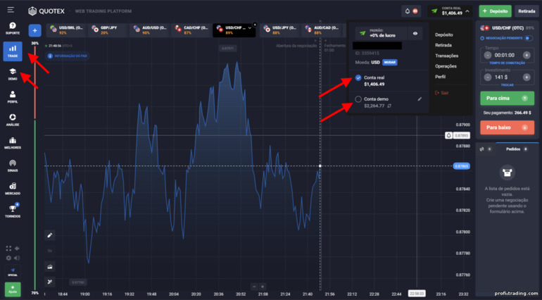 Mudando para uma conta demo com o corretor Quotex