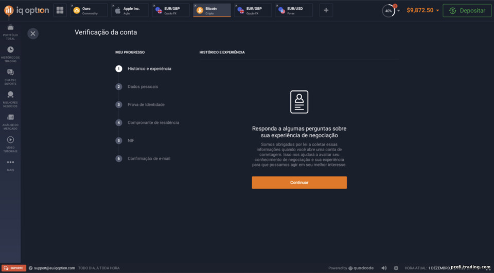 Verificação de uma conta de negociação com o corretor IQ Option