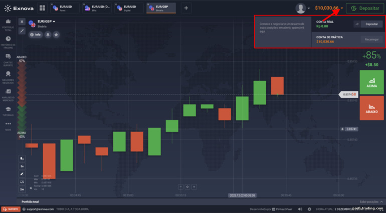 Alterne entre conta demo e real com opções binárias e corretora de CFD