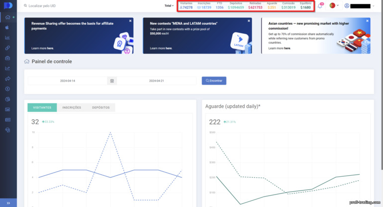 estatísticas de ganhos no programa de afiliados Pocket Option