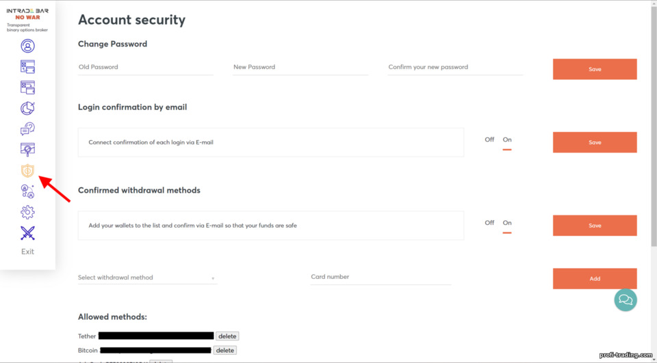 Configurações de segurança para o corretor de barras Intrade