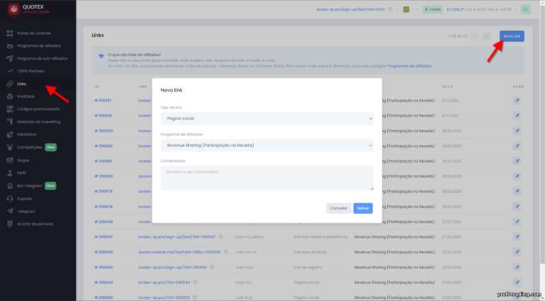 Criando um link de referência no programa de afiliados Quotex