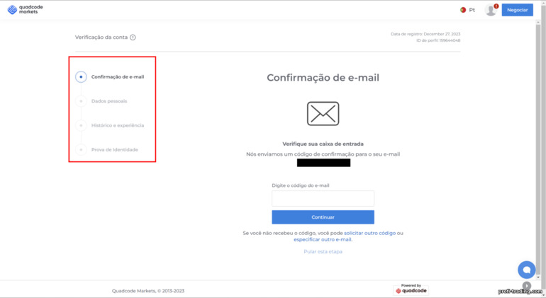 verificação de uma conta de negociação com a corretora Quadcode Market