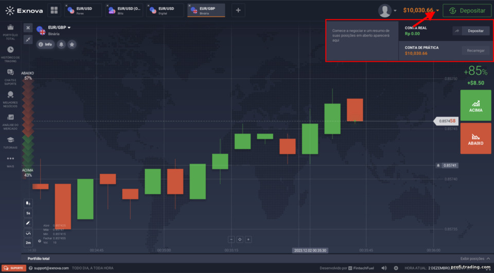 Alterne entre conta demo e real com opções binárias e corretora de CFD Exnova