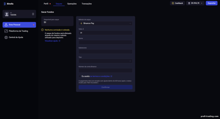 retirada de fundos da corretora Binolla