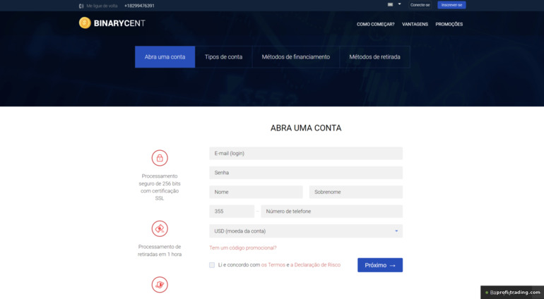 registrando uma conta de negociação com o corretor Binarycent