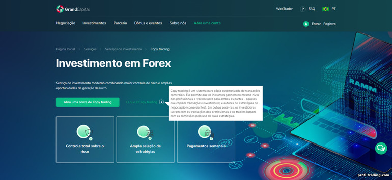 Ganhos com o serviço de copy trading da corretora forex Grand Capital