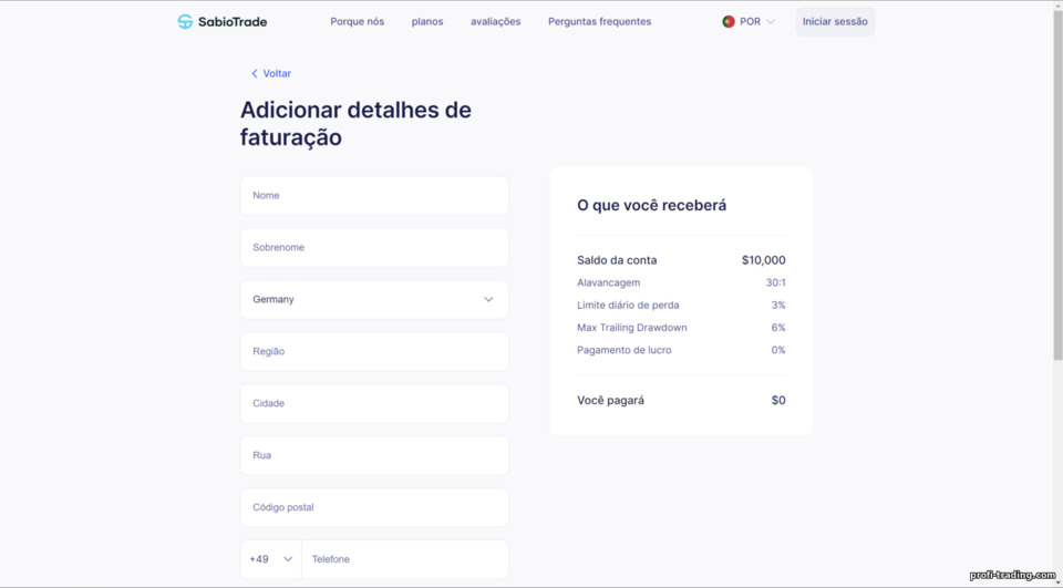 Formulário de registro para uma conta de treinamento com a corretora de prop trading SabioTrade Formulário de registro para uma conta de treinamento com a corretora de prop trading SabioTrade