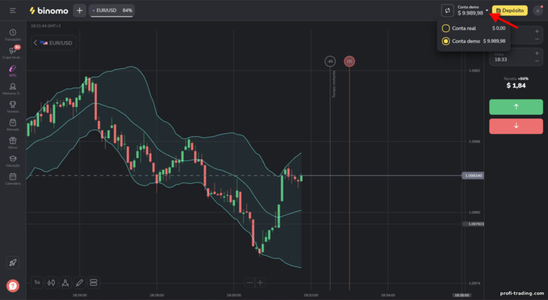 alternando entre uma conta demo e uma conta real com o corretor binomo