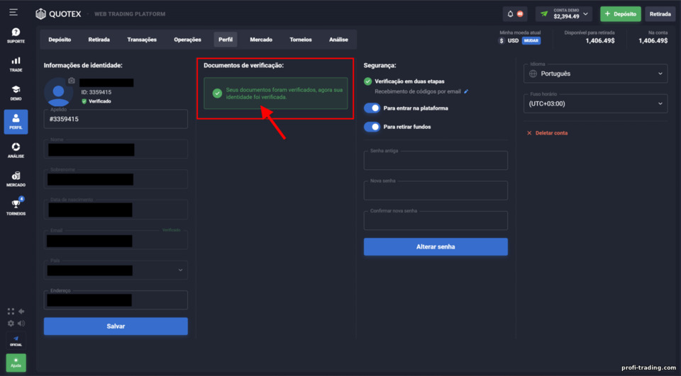Verificando sua conta com o corretor de opções binárias Quotex
