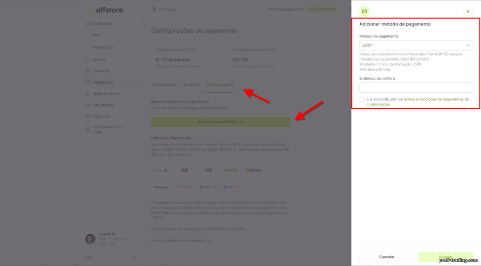 Adicionando um método de pagamento no programa de afiliados Affstore