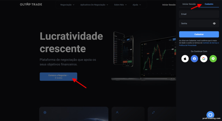 registrar uma conta de negociação na corretora OlympTrade