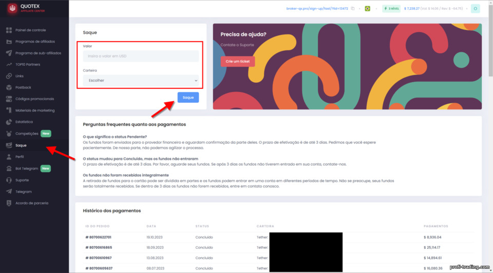 Envio de pedido de retirada de ganhos no programa de afiliados Quotex