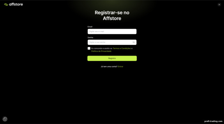 Registro no programa de afiliados Affstore