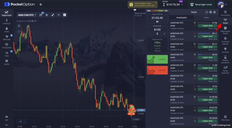 Sinais na plataforma da corretora Pocket Option