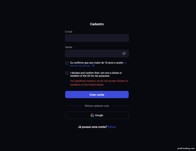 registrando uma conta de negociação com o corretor Binolla