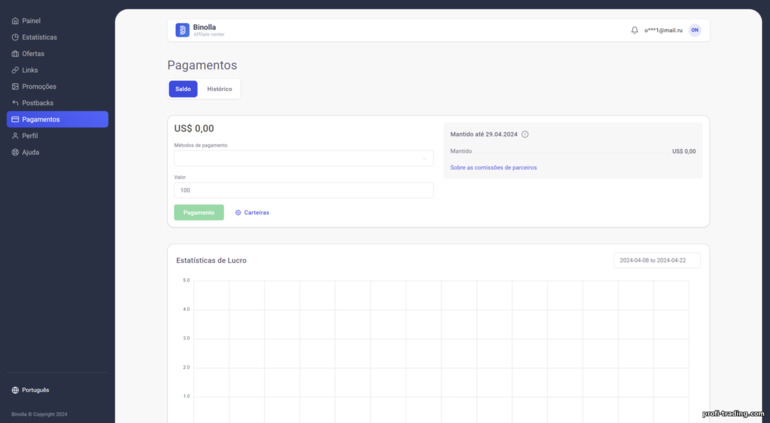 histórico de pagamentos no programa de afiliados Binolla