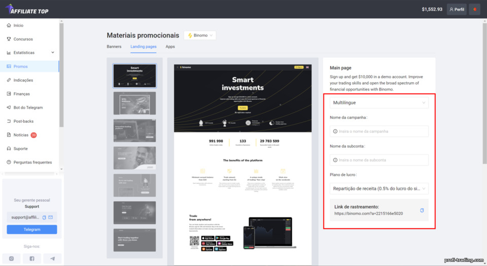 criando um link de afiliado no site Affiliate Top