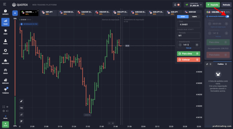 Transações pendentes com a corretora Quotex