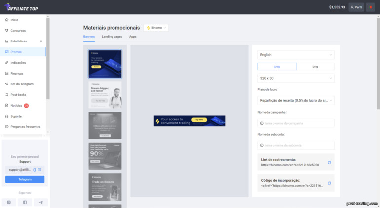 materiais publicitários no programa de afiliados da corretora Binomo e