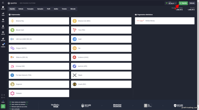 Financiando sua conta de negociação na plataforma da corretora Quotex