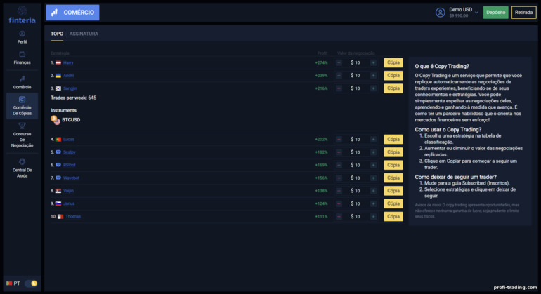 copiar transações de traders bem-sucedidos na plataforma Finteria