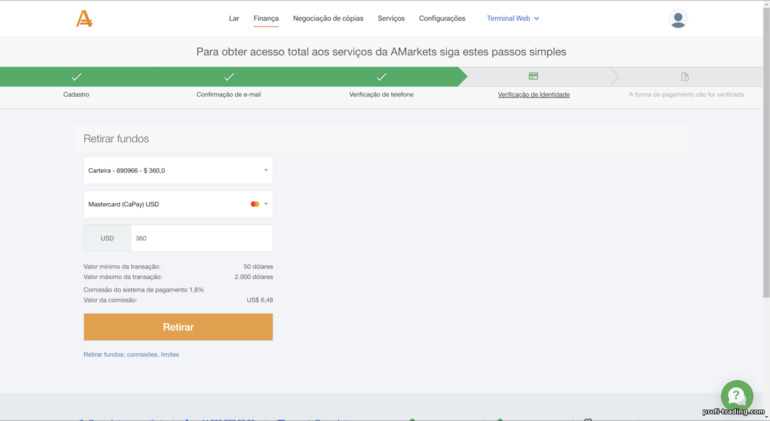 retirada de fundos da corretora AMarkets