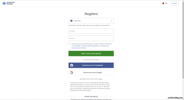 registrar uma conta de negociação na corretora Quadcode Markets