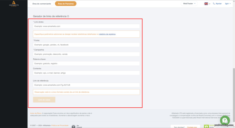 criando seu link de afiliado no site AMarkets Partners