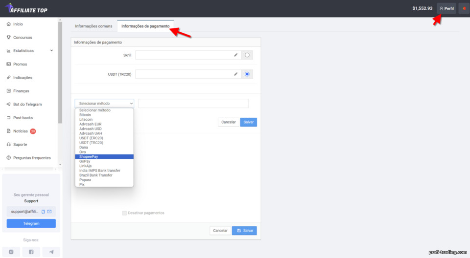 configurando pagamentos automáticos no Affiliate Top