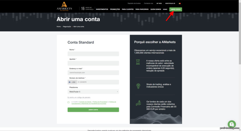 registrando uma nova conta na corretora AMarkets