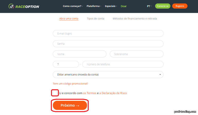 Registro na corretora de opções binárias RaceOption