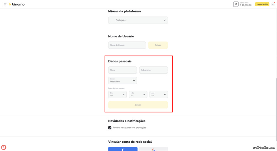 detalhes da conta pessoal com o corretor Binomo detalhes da conta pessoal com o corretor Binomo