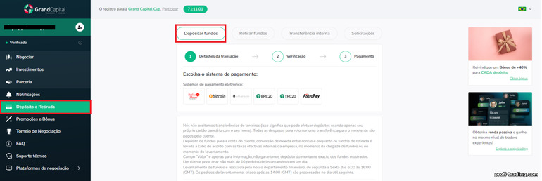 Recarregue sua conta com a corretora forex Grand Capital