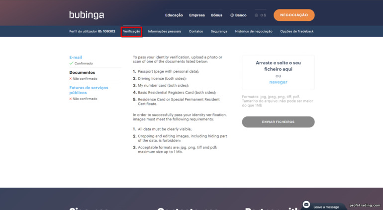 verificação de conta com corretor Bubinga - documentos para verificação