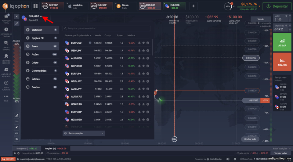 Selecionando um ativo e alternando entre tipos de negociação na corretora IQ Option