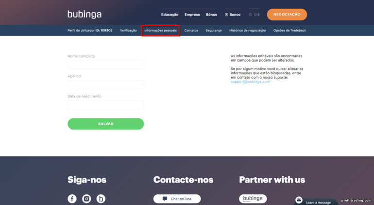 verificação de conta com corretor Bubinga - dados pessoais