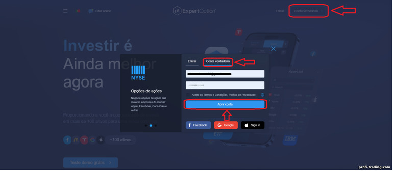 registro no corretor de opções binárias ExpertOption